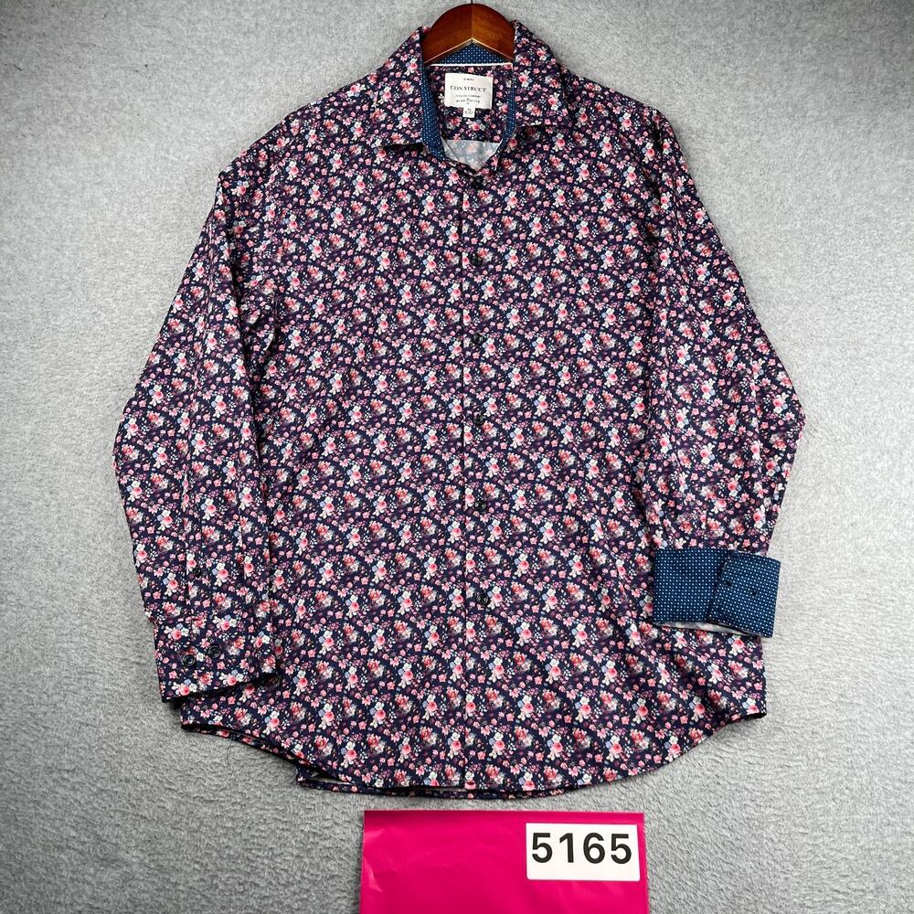 ConStruct Slim Shirt Navy Colorful Floral Print Button Up Long Sleeve Mens XL